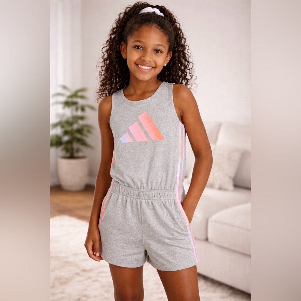 Adidas Girls Romper – Medium (10/12) – Heather Gray w/ Pastel Logo – NWT